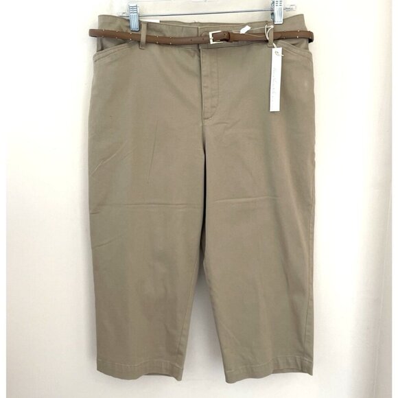 NWT Gloria Vanderbilt Anita Capri Pants Size 12 Perfect Khaki Stretch Belted - Picture 1 of 15